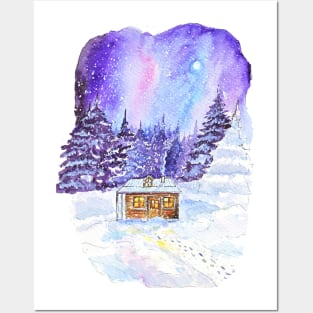 Snowy Night: Watercolor Winter Landscape with Cozy Cottage Posters and Art